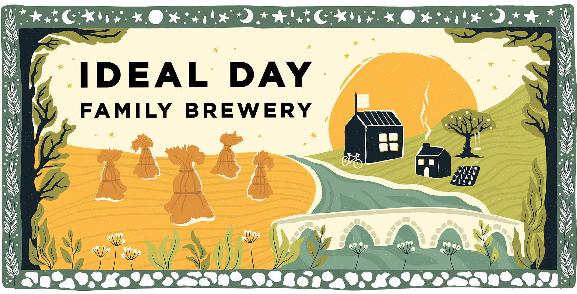 Ideal Day Family Brewery - an illustrated graphic displaying a riverside rural farm vibe.