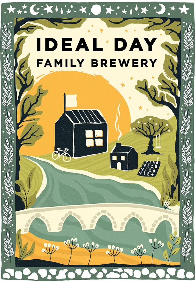 Ideal Day Family Brewery - an illustrated graphic displaying a riverside rural farm vibe.
